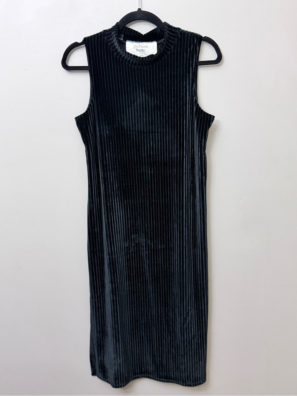 California Moonrise Black Pleated Velvet Mock Neck Dress S